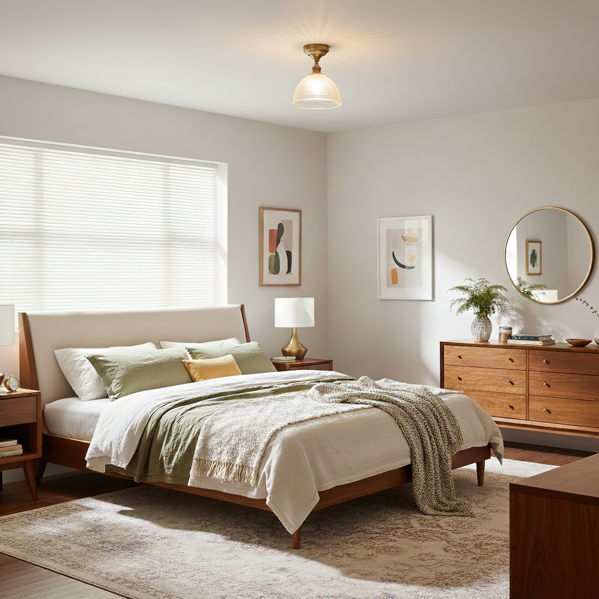 Above a bed with a walnut frame and a round mirror, this Clérachic ceiling light glows softly from the centre of the ceiling.
