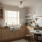 Over a farmhouse kitchen with a white sink and light timber cabinets, this Clérachic ceiling light hangs close to the ceiling.