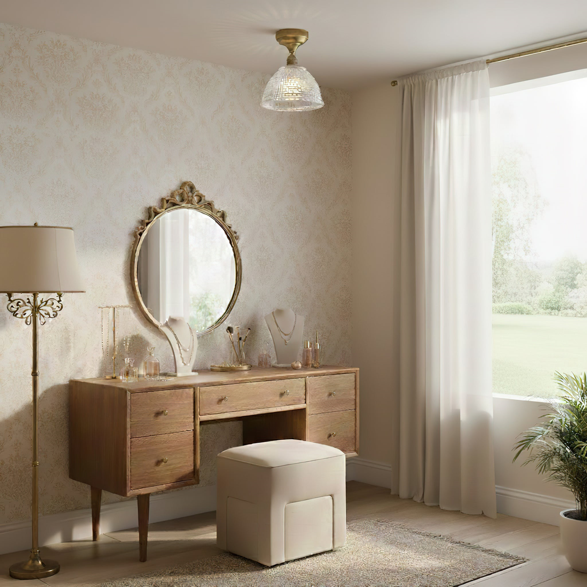 In a dressing room with an ornate mirror and a wooden dressing table, a Clérachic ceiling light sits high above the scene.