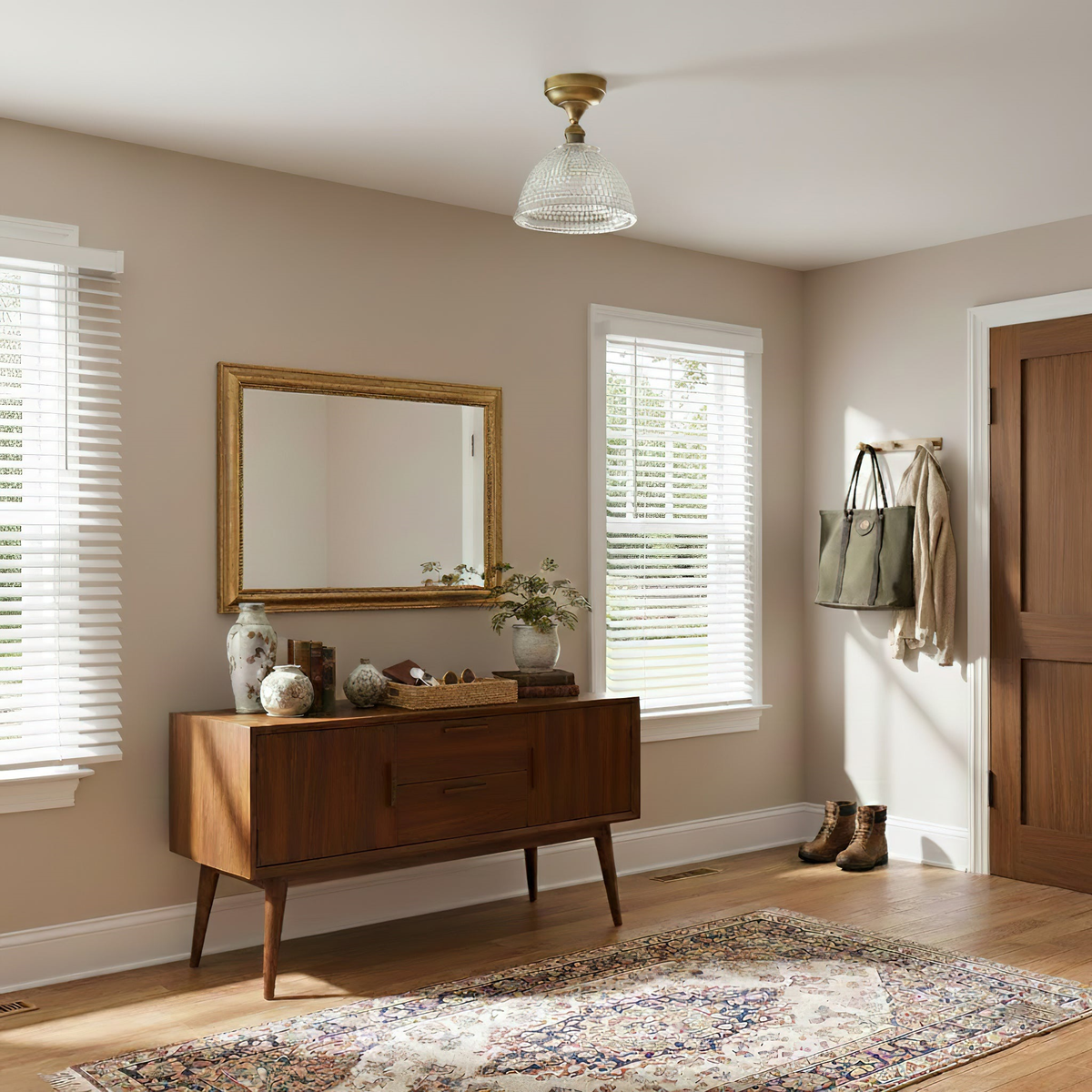 In a hallway with a wooden sideboard and a gold-framed mirror, this Clérachic ceiling light hangs near the top of the frame.