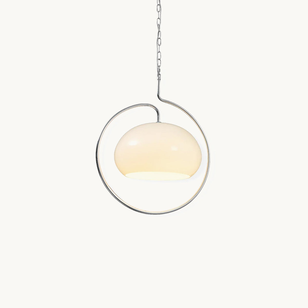 White glass Clérachic pendant light with a chrome ring and hook arm, hung from a fine chain against a plain off-white backdrop.