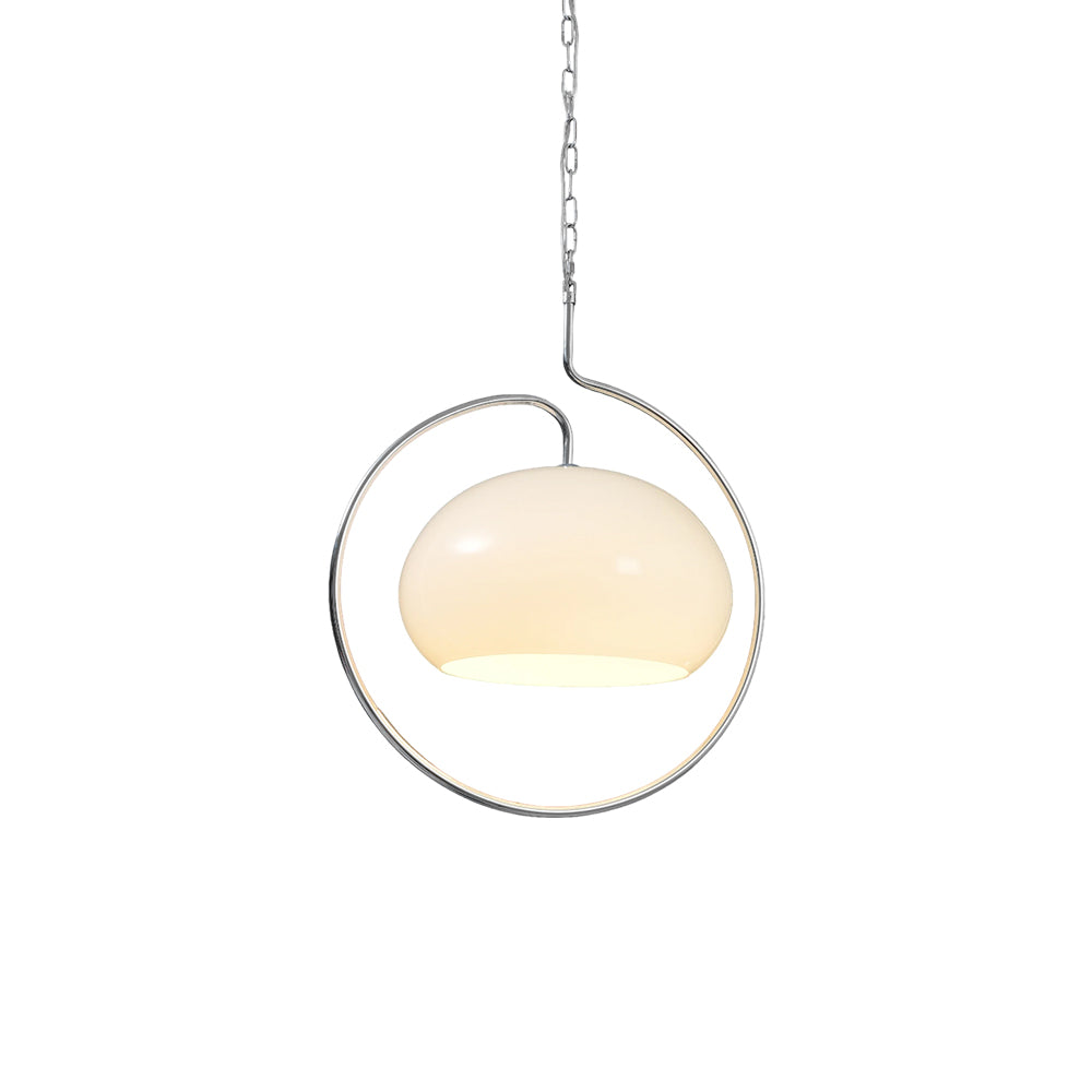 White glass Clérachic pendant inside a chrome ring, hung from a fine chain and photographed on a plain white background.