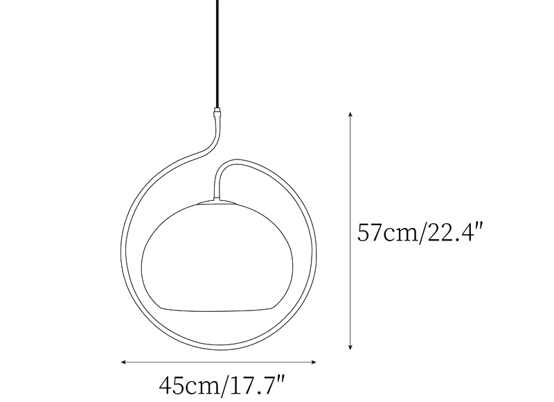 Clérachic pendant light dimension drawing, every measurement marked in centimetres and inches.
