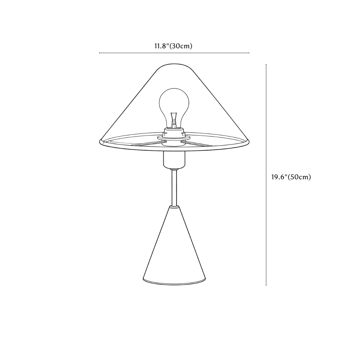 Clérachic table lamp dimension drawing, every measurement marked in centimetres and inches.