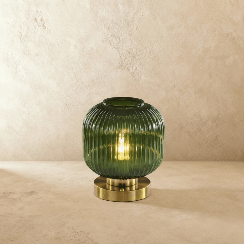 Clérachic ribbed glass dome table lamp in green, small silhouette lit warm, brass base on a plaster surface.