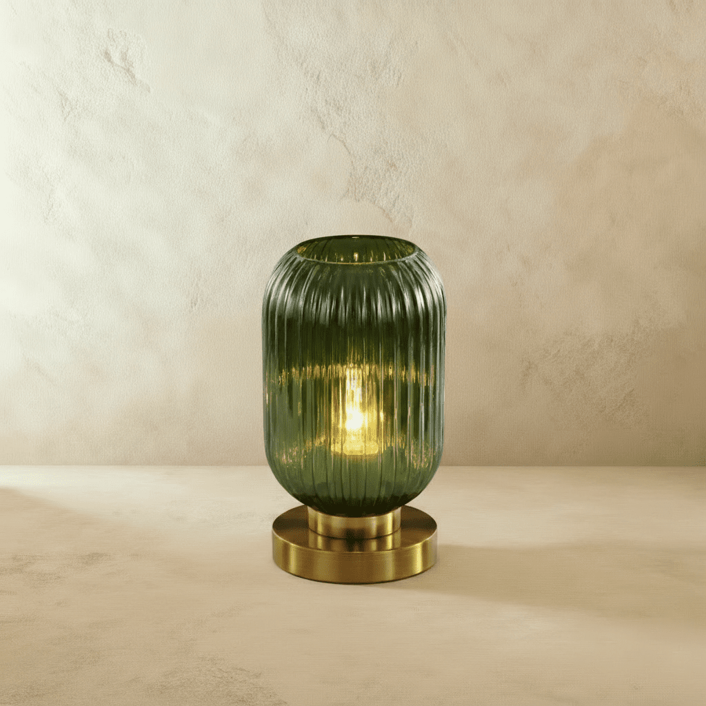 Clérachic ribbed glass dome table lamp in green, tall silhouette lit warm, brass base on a plaster surface.