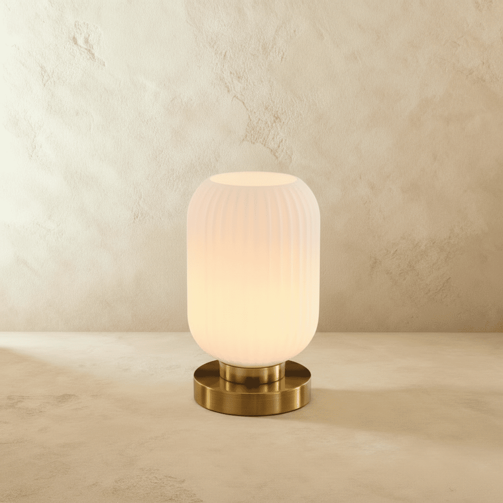 Clérachic ribbed glass dome table lamp in white, tall silhouette lit warm, brass base on a plaster surface.