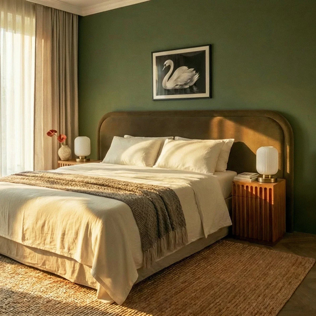 Clérachic ribbed glass dome table lamps in white on twin fluted-wood nightstands beside a green-walled bed by day.