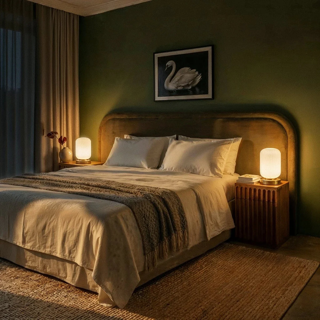 Clérachic ribbed glass dome table lamps in white lit at dusk on twin nightstands beside a green-walled bed.