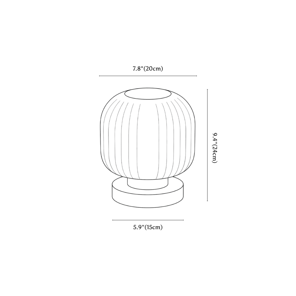 Clérachic table lamp dimension drawing, 1 of 2, every measurement marked in centimetres and inches.