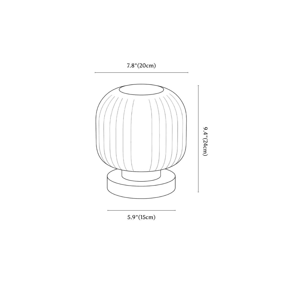 Clérachic table lamp dimension drawing, 1 of 2, every measurement marked in centimetres and inches.