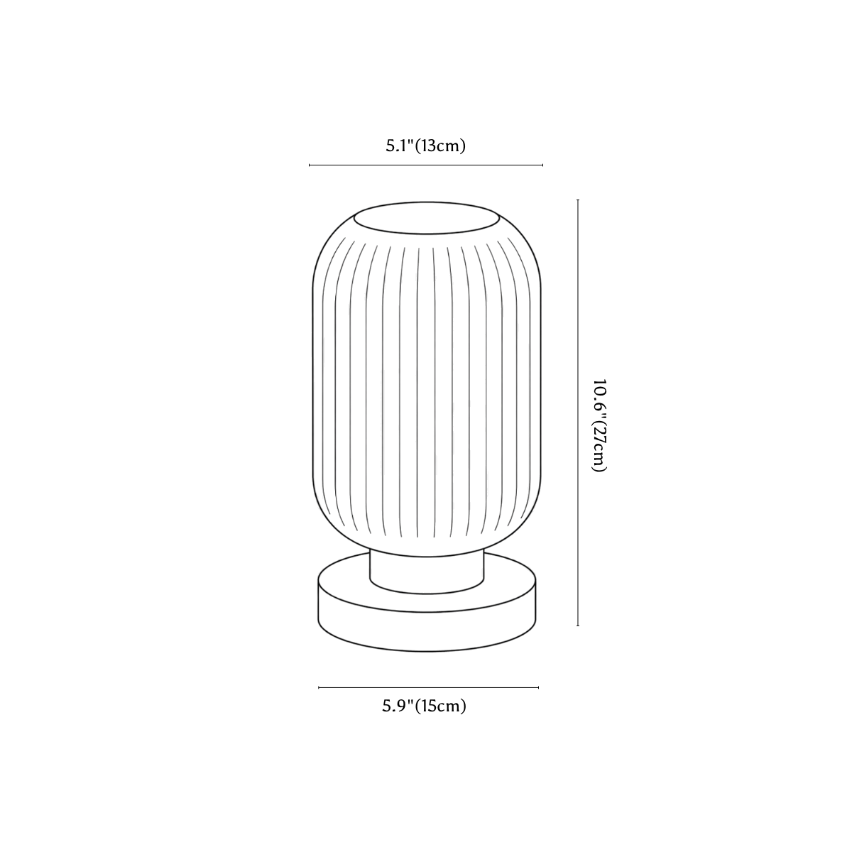 Clérachic table lamp dimension drawing, 2, every measurement marked in centimetres and inches.