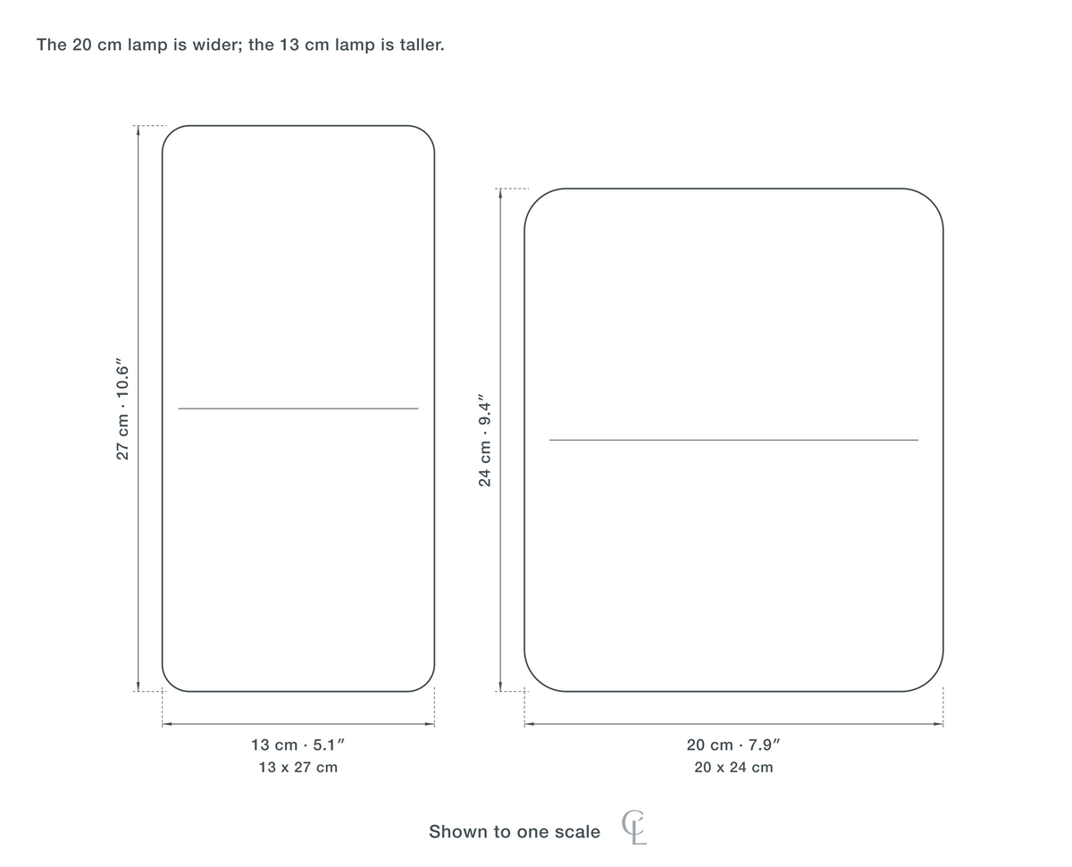Technical dimension drawing of the Glass Dome Table Lamp for Nightstand, Amber or White, 27 cm in all 2 sizes — 13 × 27 cm (5.1 × 10.6″), 20 × 24 cm (7.9 × 9.4″), drawn to one scale.