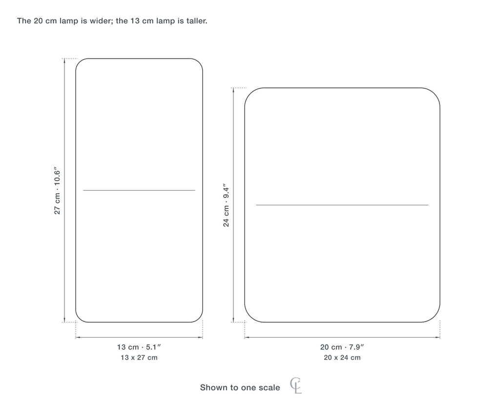 Technical dimension drawing of the Clérachic Glass Dome Table Lamp for Nightstand, Amber or White, 27 cm in all 2 sizes — 13 × 27 cm (5.1 × 10.6″), 20 × 24 cm (7.9 × 9.4″), drawn to one scale.