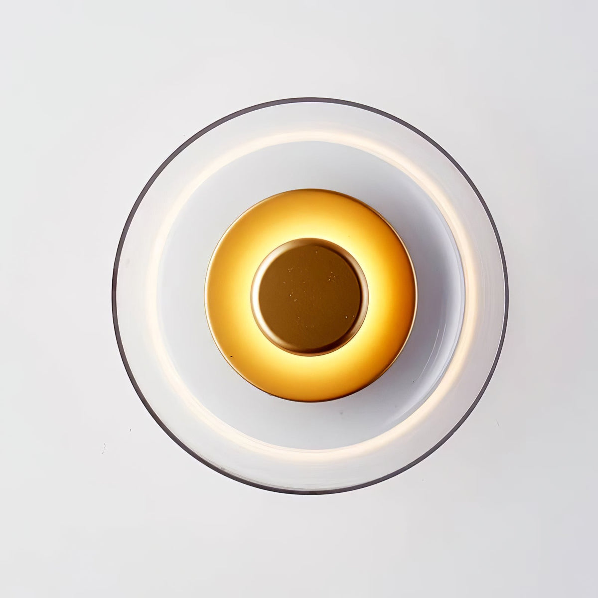 Front view of this Clérachic wall light lit, with a clear glass dome, a ring of light and a brass disc glowing at the centre.