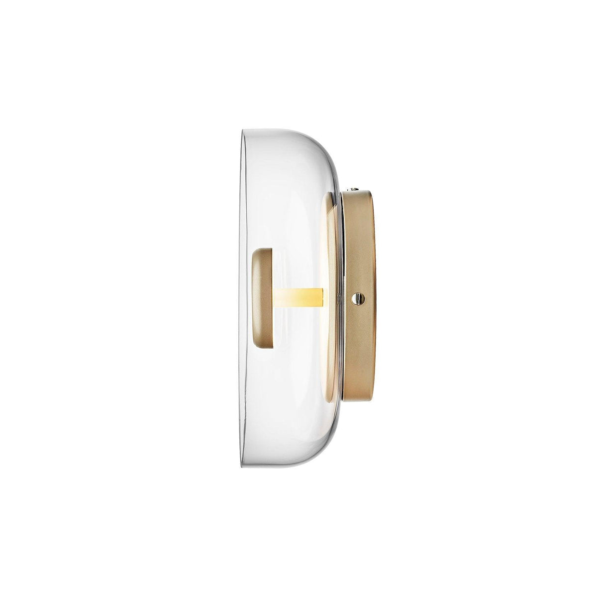Side profile of this Clérachic wall light on white, with a shallow clear glass dome, a brass stem and a round brass wall plate.
