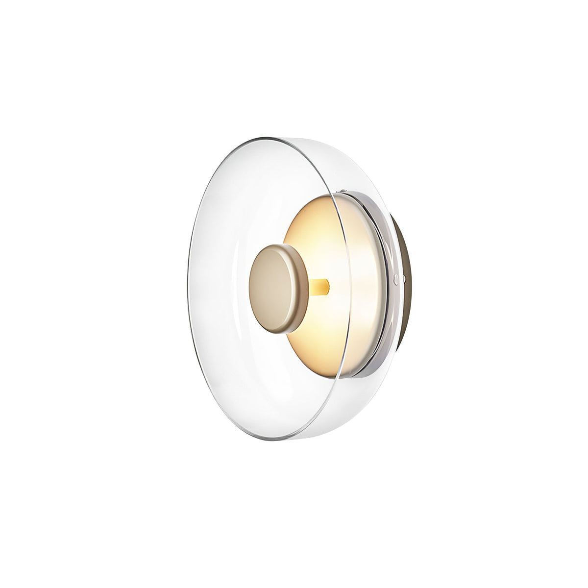 Three-quarter view of this Clérachic wall light with a clear glass dome and a brass disc on a white background.