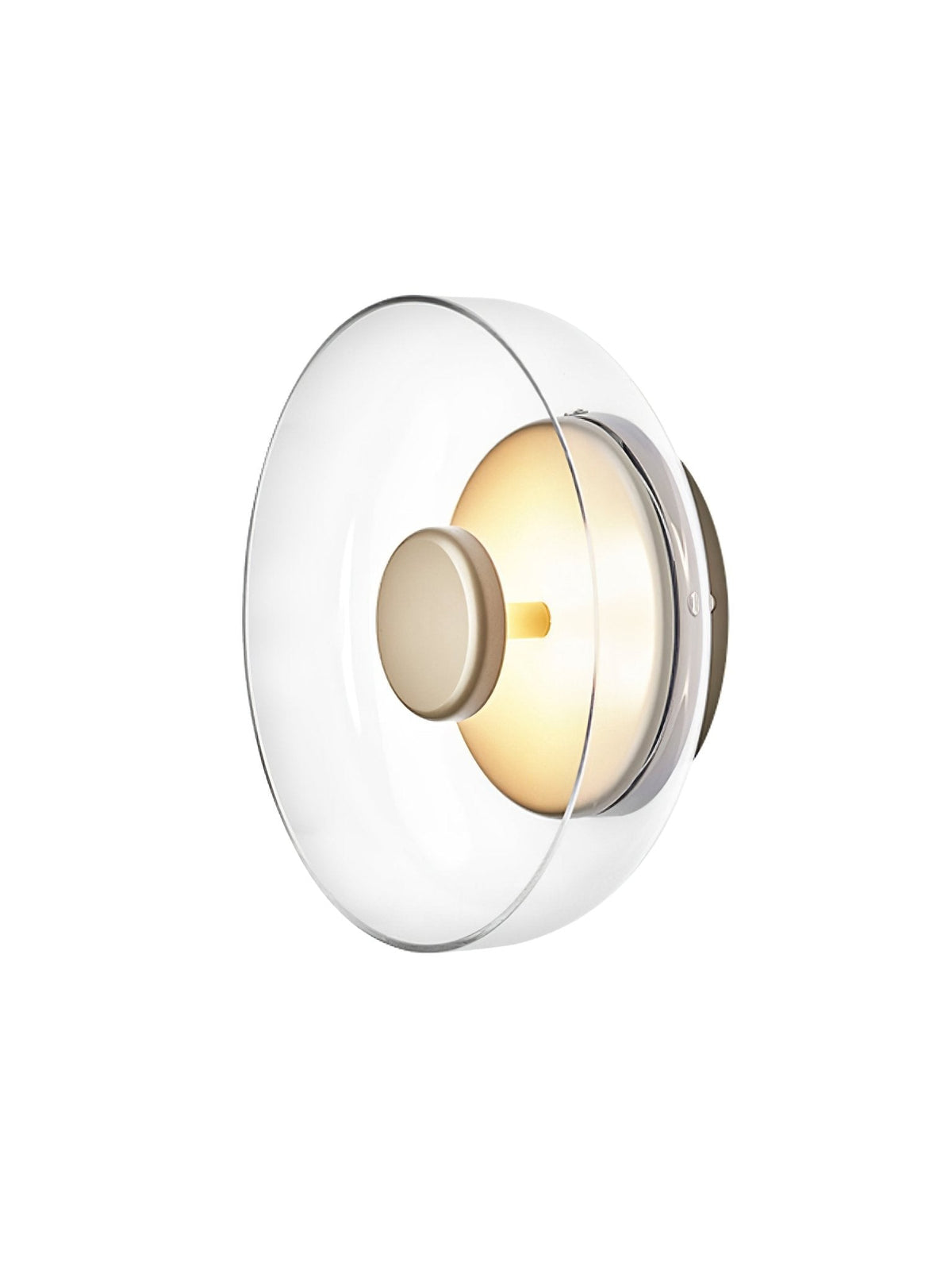 This Clérachic wall light, shown on white with a clear glass dome, has a brass disc held on a short stem.