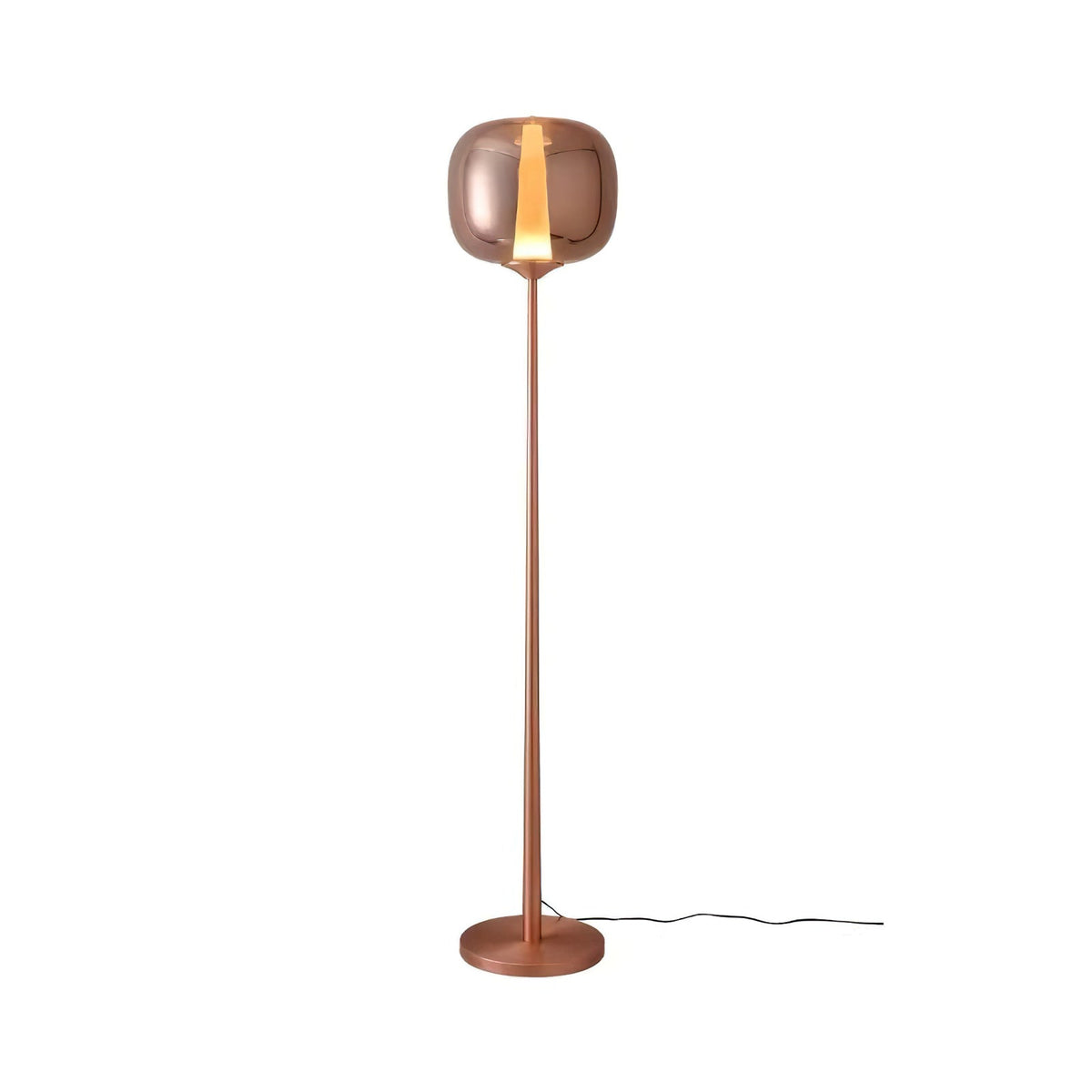 Slim rose gold Clérachic floor lamp on a white ground, its glass head lit with a thin vertical strip of light.