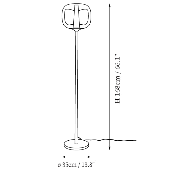 Clérachic floor lamp dimension drawing, every measurement marked in centimetres and inches.
