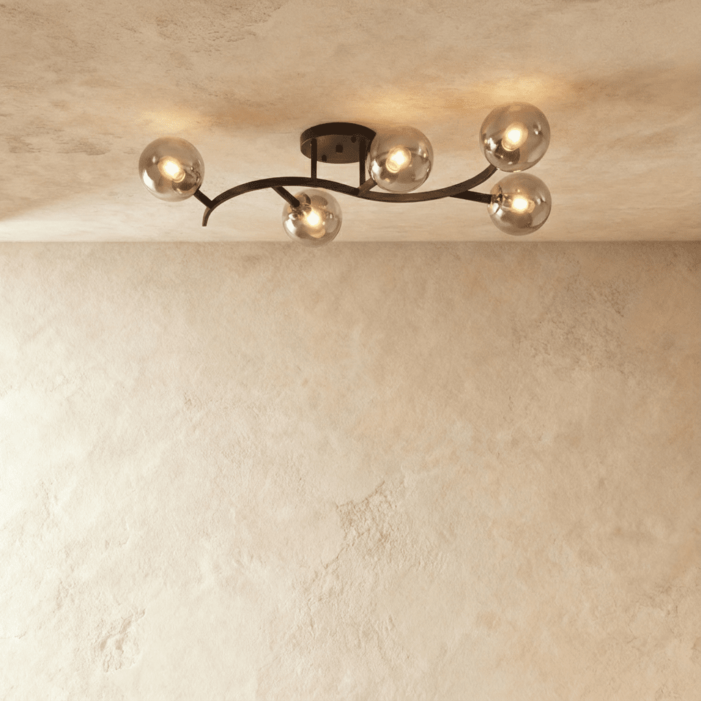 Clérachic five-globe ceiling light on a sweeping black arm with smoked glass globes, lit against plaster.