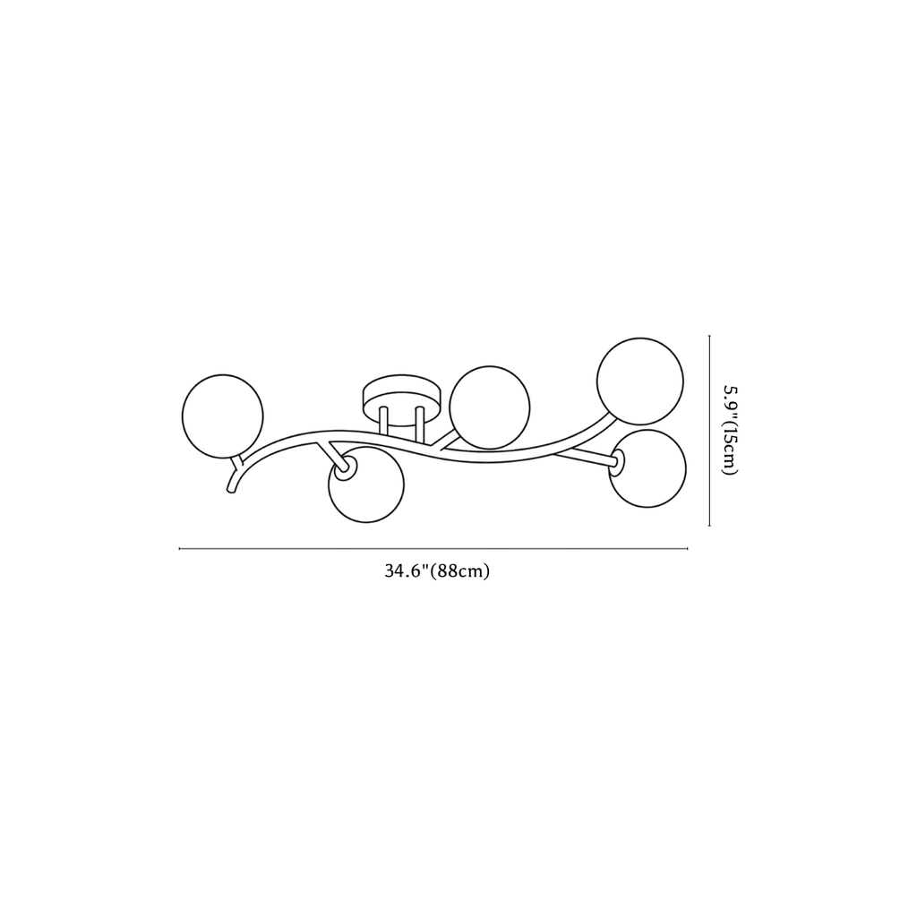 Clérachic ceiling light dimension drawing, 2 of 3, every measurement marked in centimetres and inches.