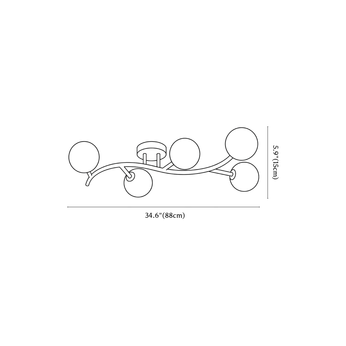 Clérachic ceiling light dimension drawing, 2 of 3, every measurement marked in centimetres and inches.