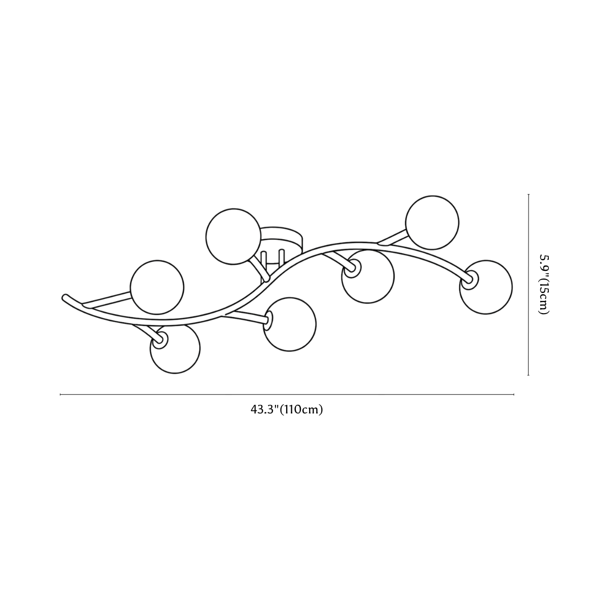 Clérachic ceiling light dimension drawing, 3 of 3, every measurement marked in centimetres and inches.