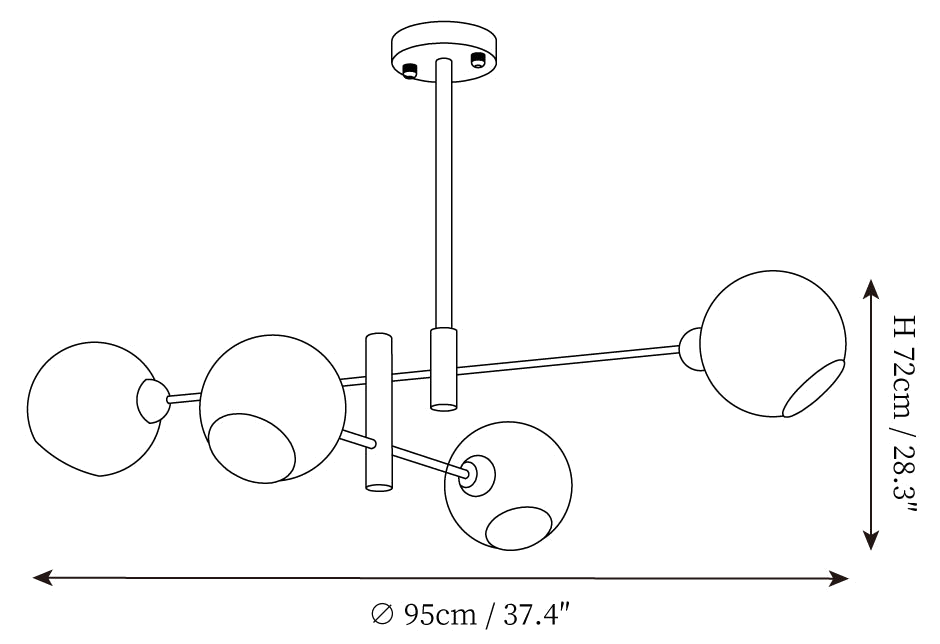 Clérachic chandelier dimension drawing, 1 of 3, every measurement marked in centimetres and inches.