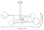 Clérachic chandelier dimension drawing, 2 of 3, every measurement marked in centimetres and inches.