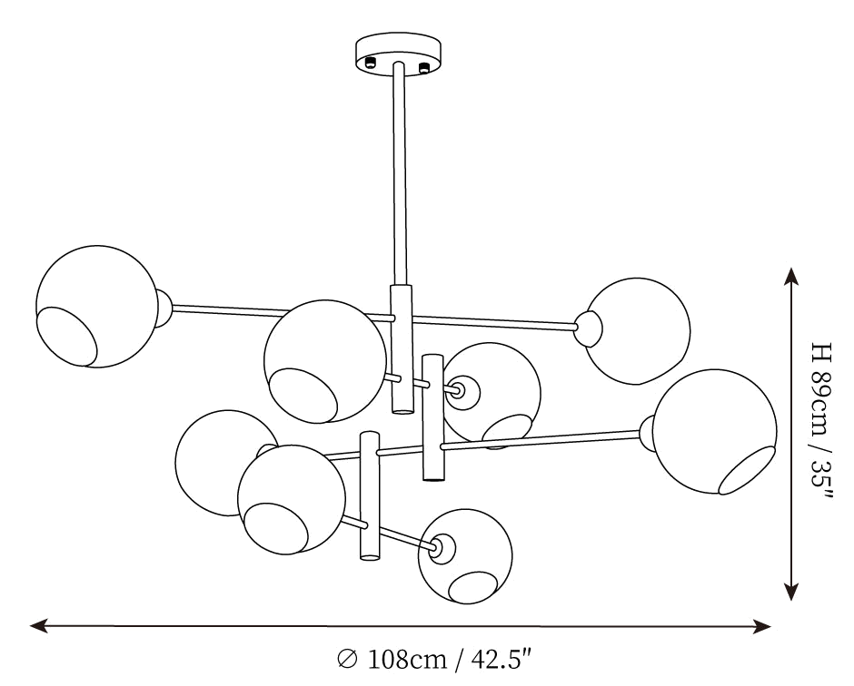 Clérachic chandelier dimension drawing, 3 of 3, every measurement marked in centimetres and inches.