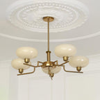Clérachic five-head copper chandelier in cream glass, slim stepped arms reaching out beneath a ceiling rose.