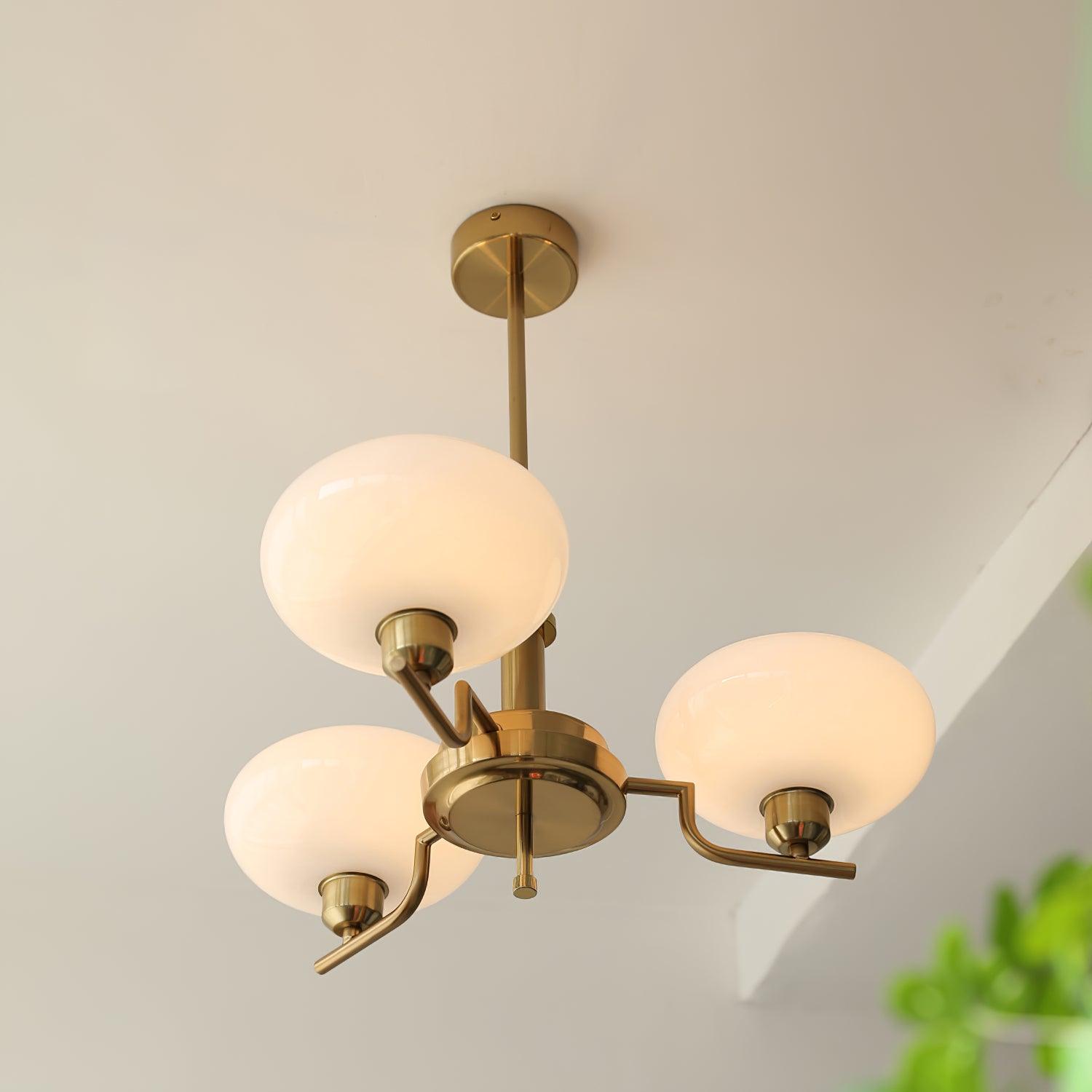 Clérachic three-head copper chandelier with white opal globes, viewed from below with a plant in front.