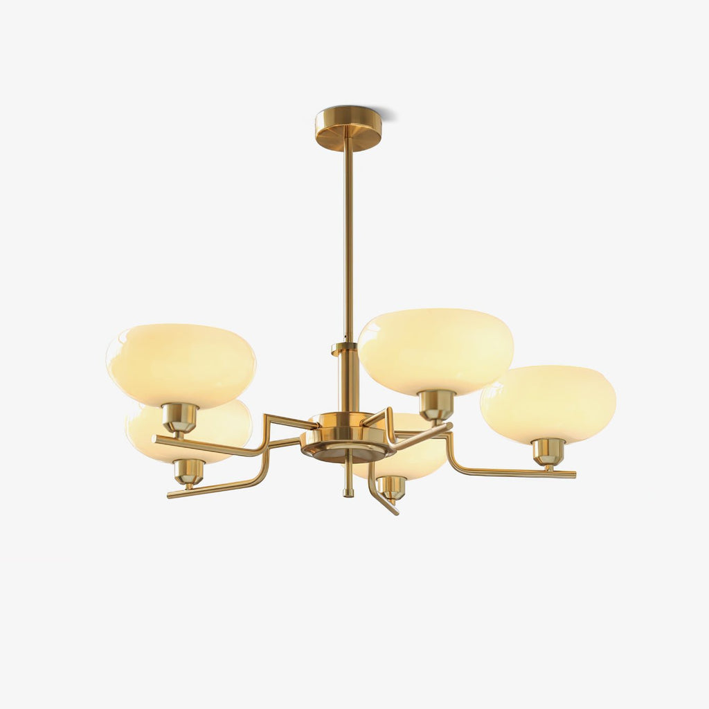 Clérachic five-head copper chandelier lit in studio, five glowing opal globes on a plain grey backdrop.