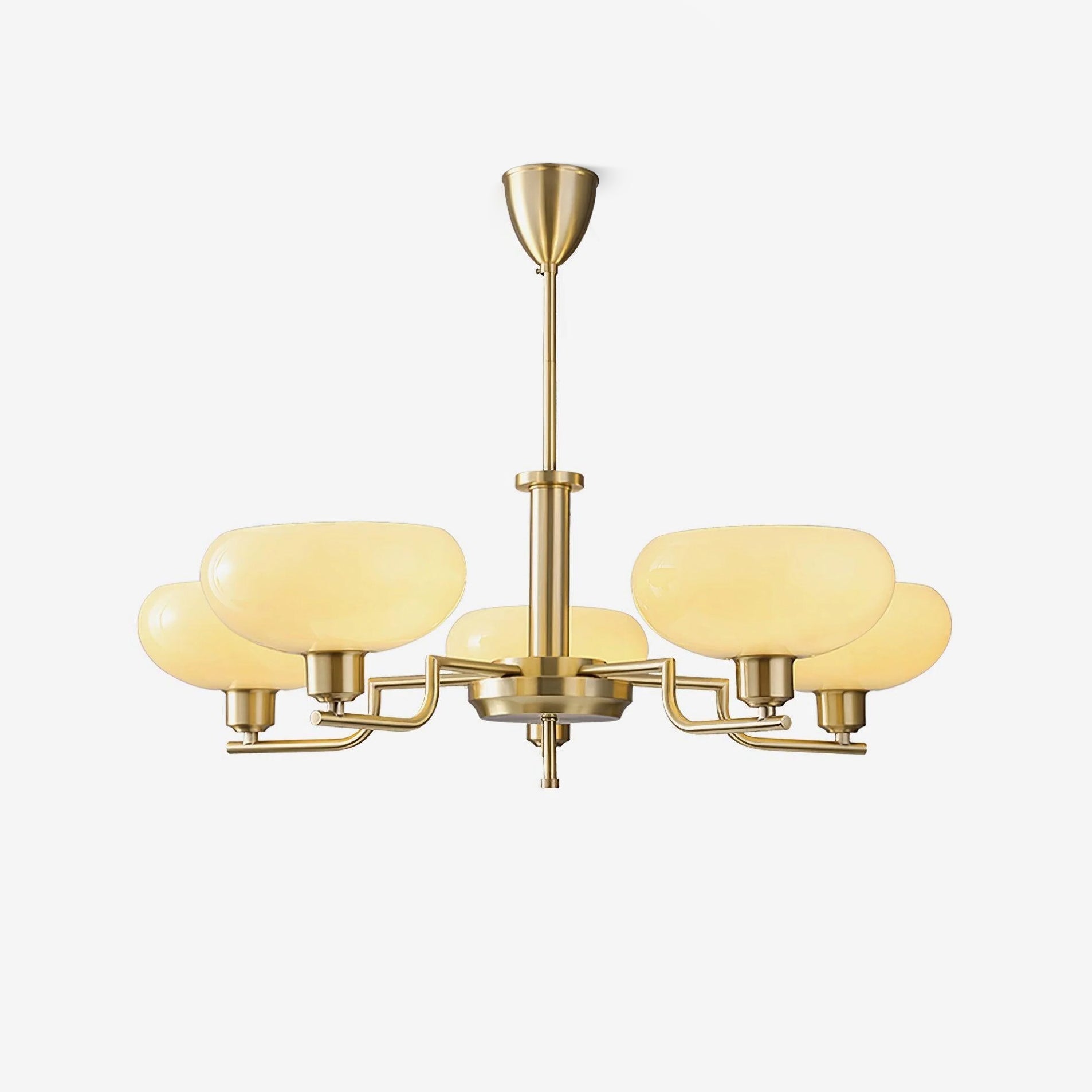 Clérachic five-head copper chandelier in a three-quarter studio shot, white globes on a light grey backdrop.