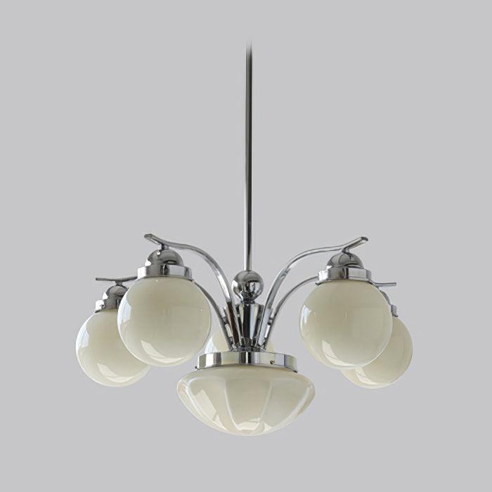 Clérachic 6-light glass globe chandelier in polished chrome, cream globes in a wide ring for a living room.
