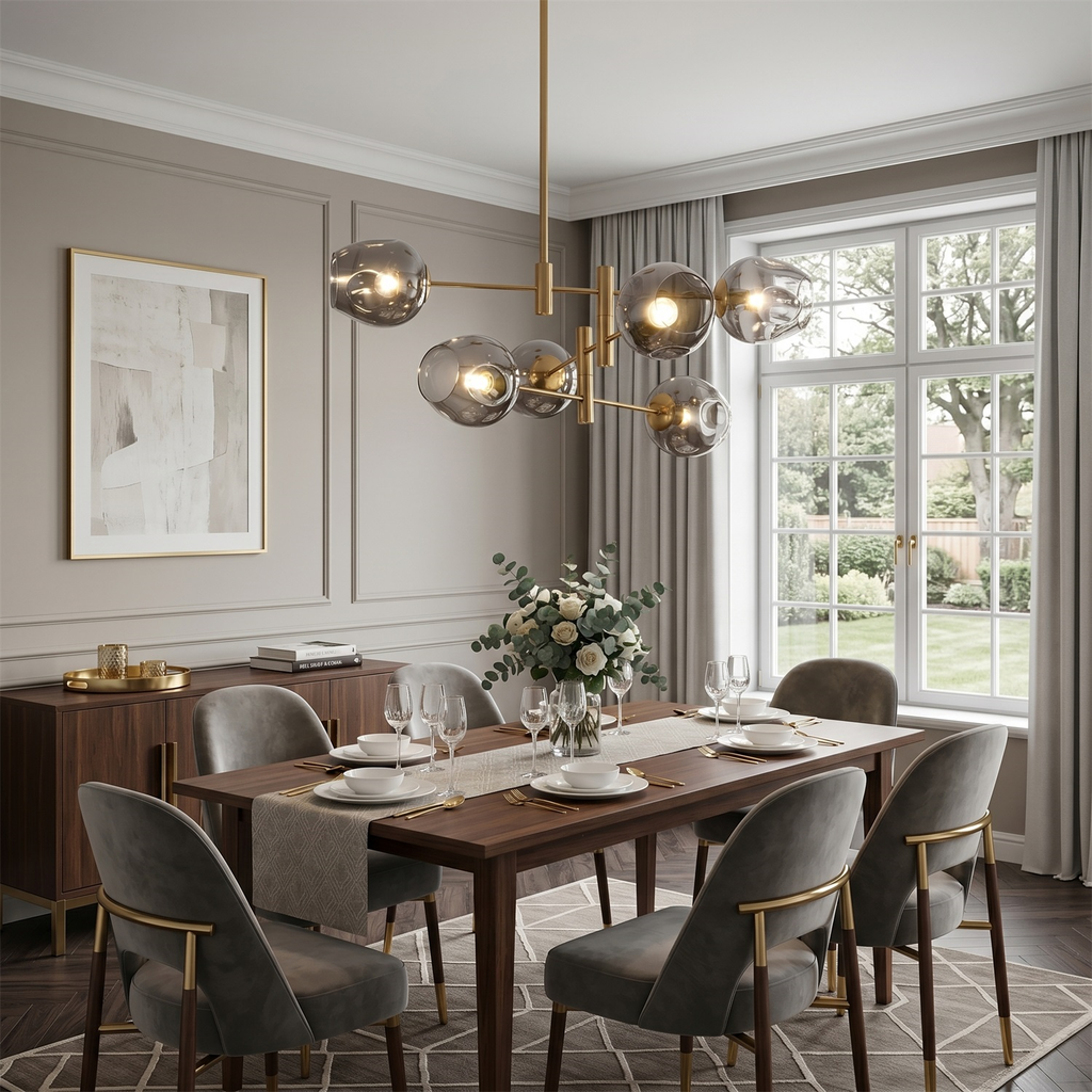 Smoky glass globes on gold arms hang above a walnut dining table with grey velvet chairs in a room with tall windows, from Clérachic.