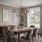 Smoky glass globes on gold arms hang above a walnut dining table with grey velvet chairs in a room with tall windows, from Clérachic.