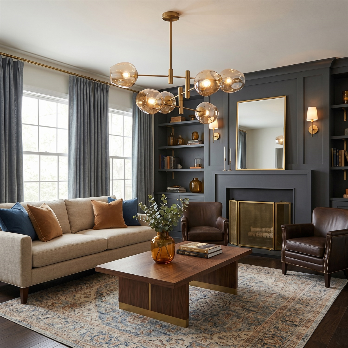 A Clérachic gold branch chandelier with amber glass globes lights a living room with a dark panelled fireplace wall and a cream sofa.