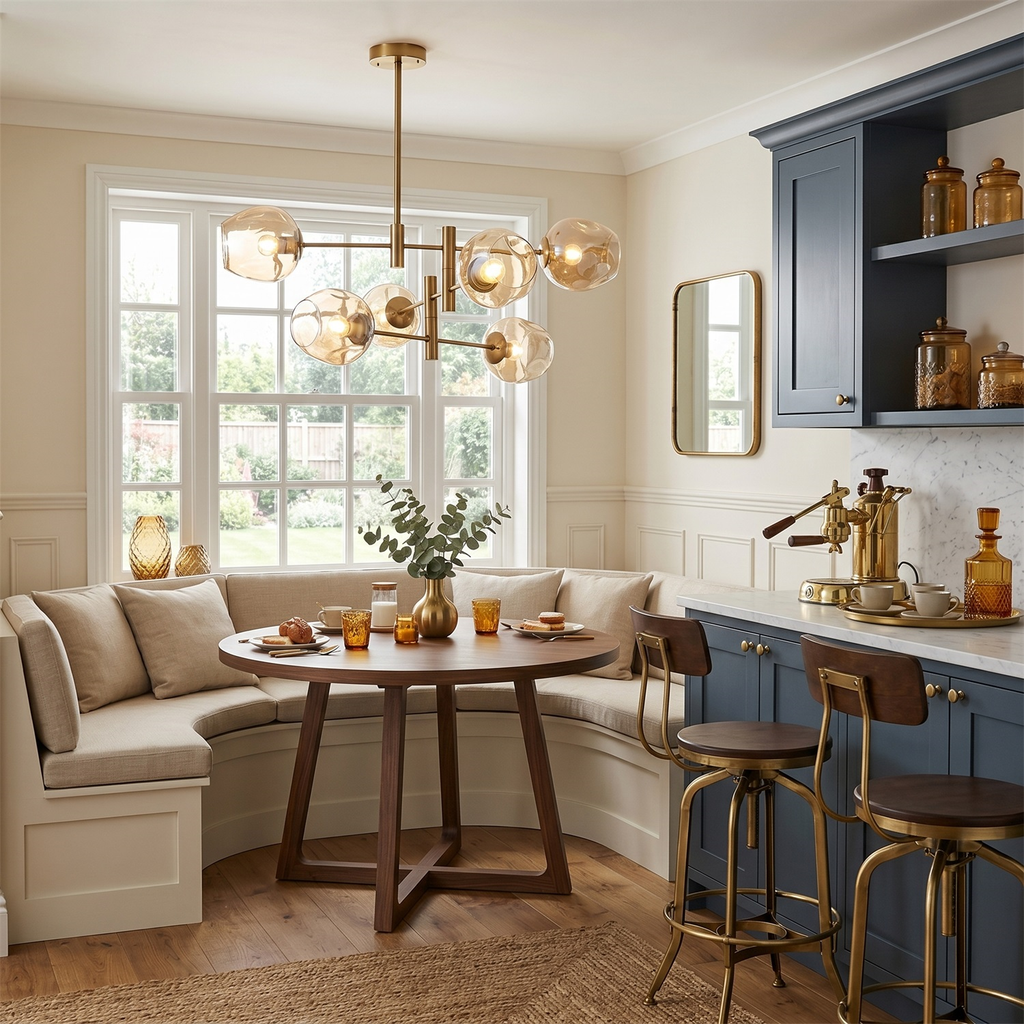 Clérachic chandelier with amber globes above a round table in a breakfast nook with a curved bench and blue cabinets.