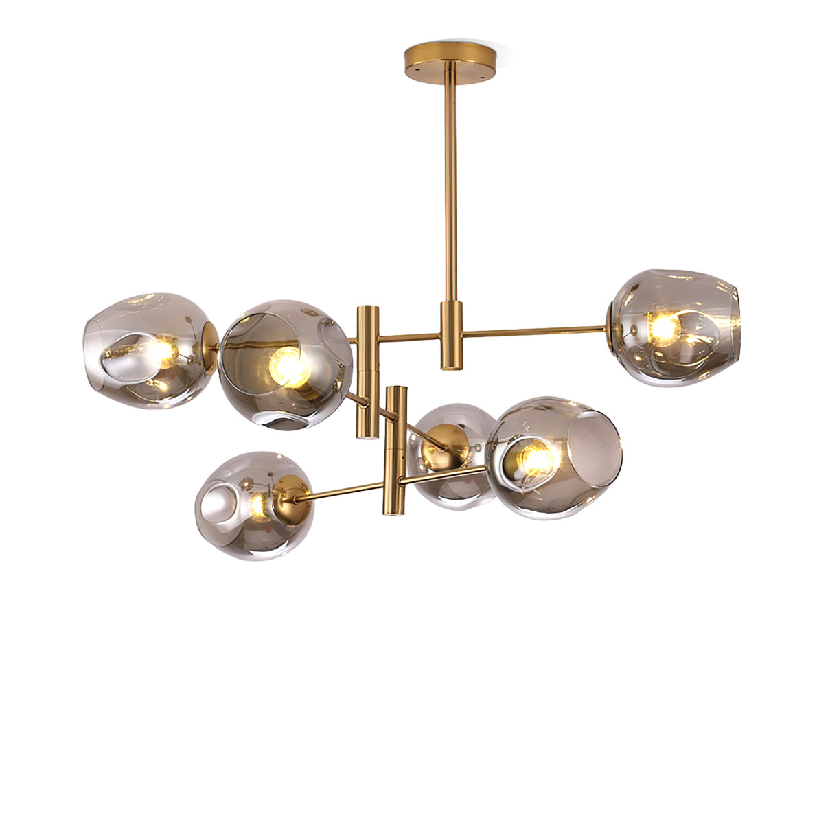 Smoky grey glass globes lit on a gold-finish Clérachic chandelier, shown cut out on a plain white background.