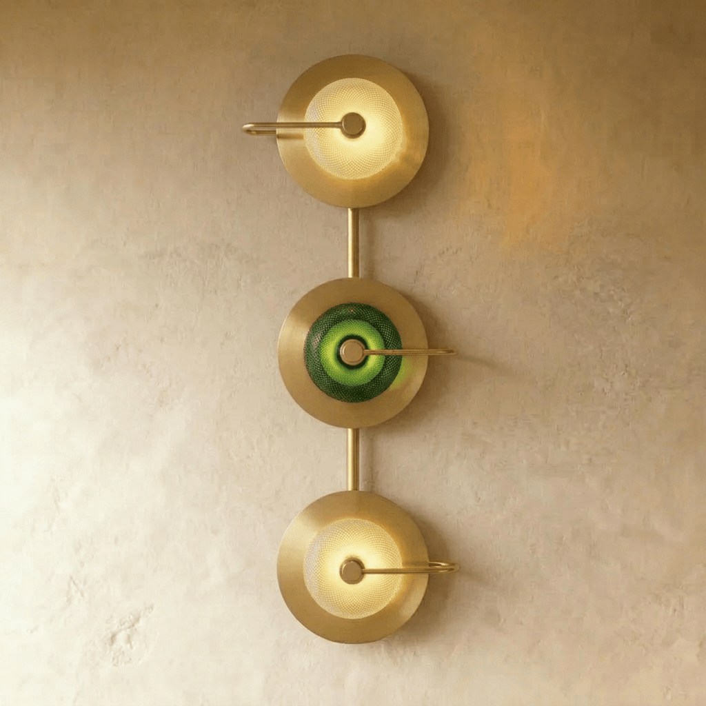 Clérachic three-head brass wall lamp with two clear textured glass domes either side of a green one on a vertical brass stem.