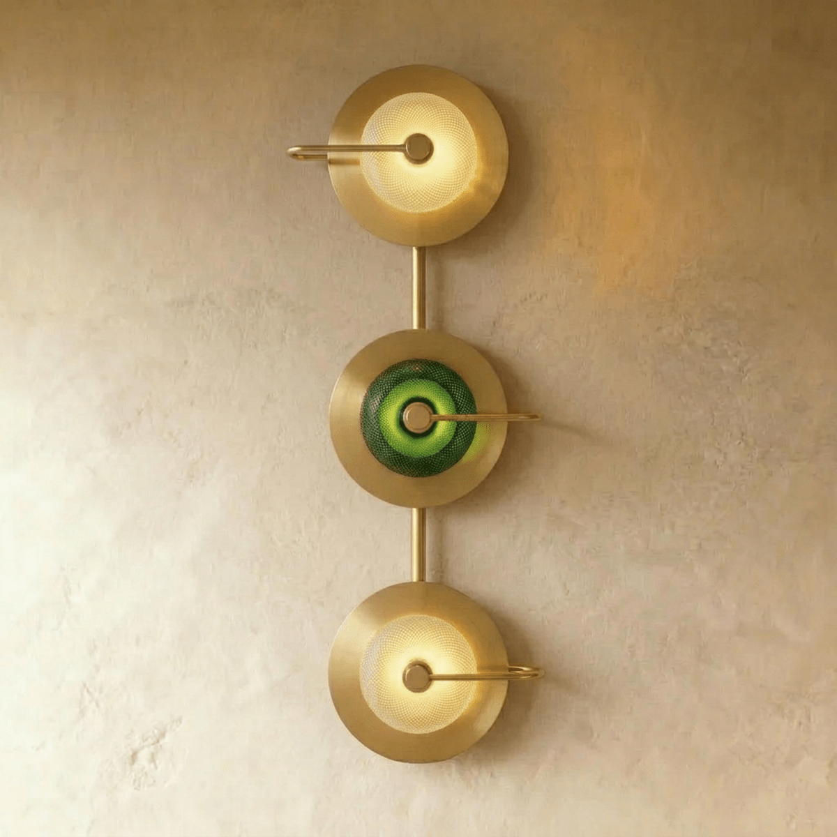 Clérachic three-head brass wall lamp with two clear textured glass domes either side of a green one on a vertical brass stem.