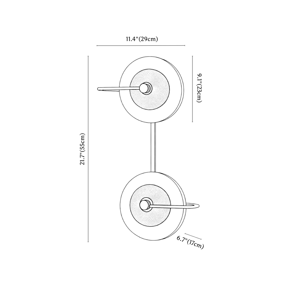 Clérachic wall light dimension drawing, 2 of 3, every measurement marked in centimetres and inches.