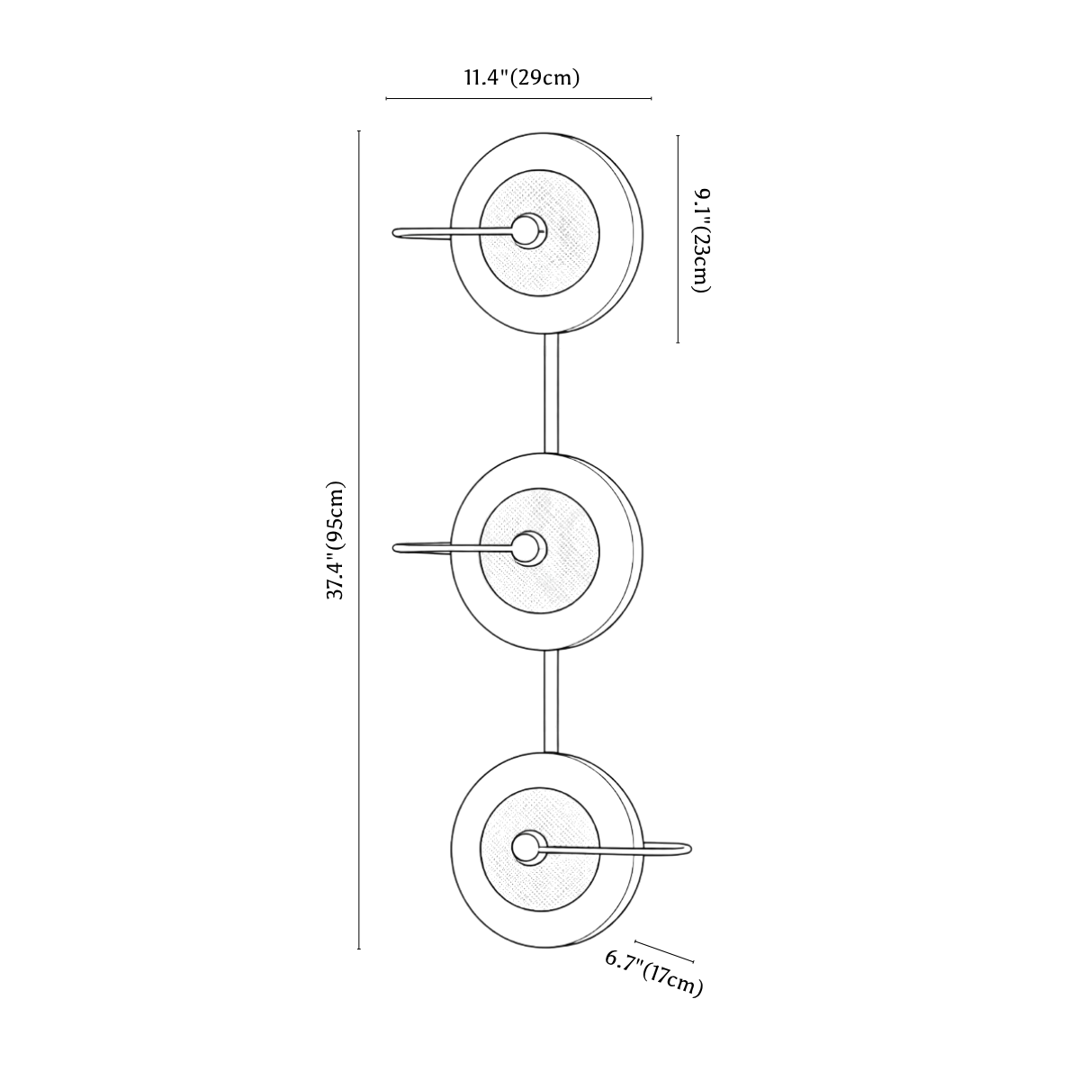 Clérachic wall light dimension drawing, 3 of 3, every measurement marked in centimetres and inches.