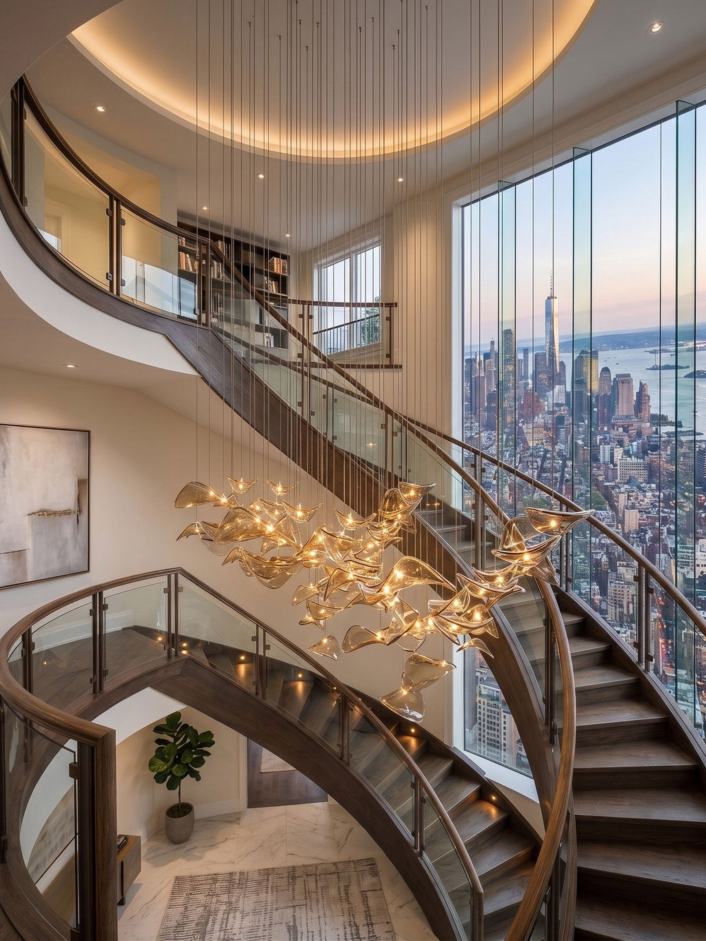 Looking down a spiral staircase with a glass balustrade, a cluster of lit amber glass leaves from Clérachic hangs in the stairwell.