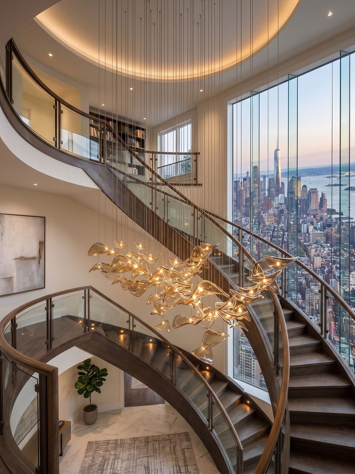 Looking down a spiral staircase with a glass balustrade, a cluster of lit amber glass leaves from Clérachic hangs in the stairwell.