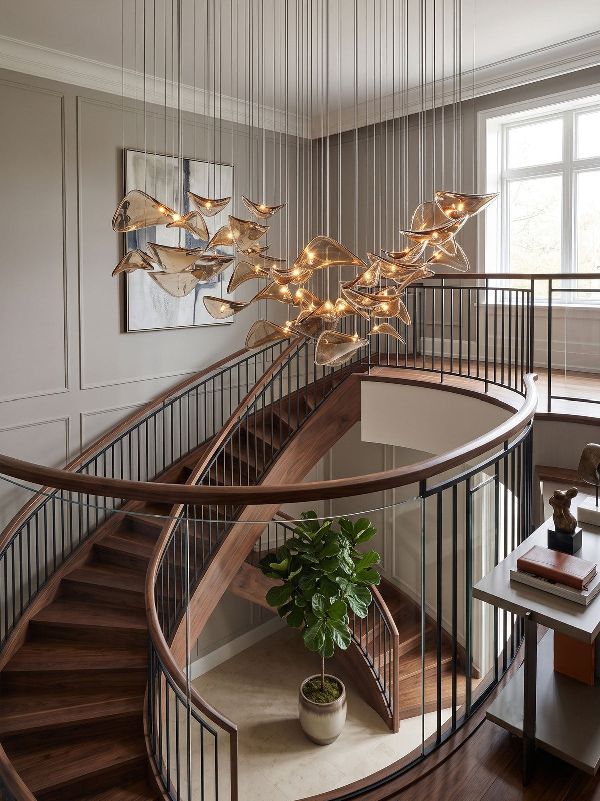 A Clérachic leaf pendant light hangs beside a landing with a dark curved stair rail, a large window and a potted fig below.