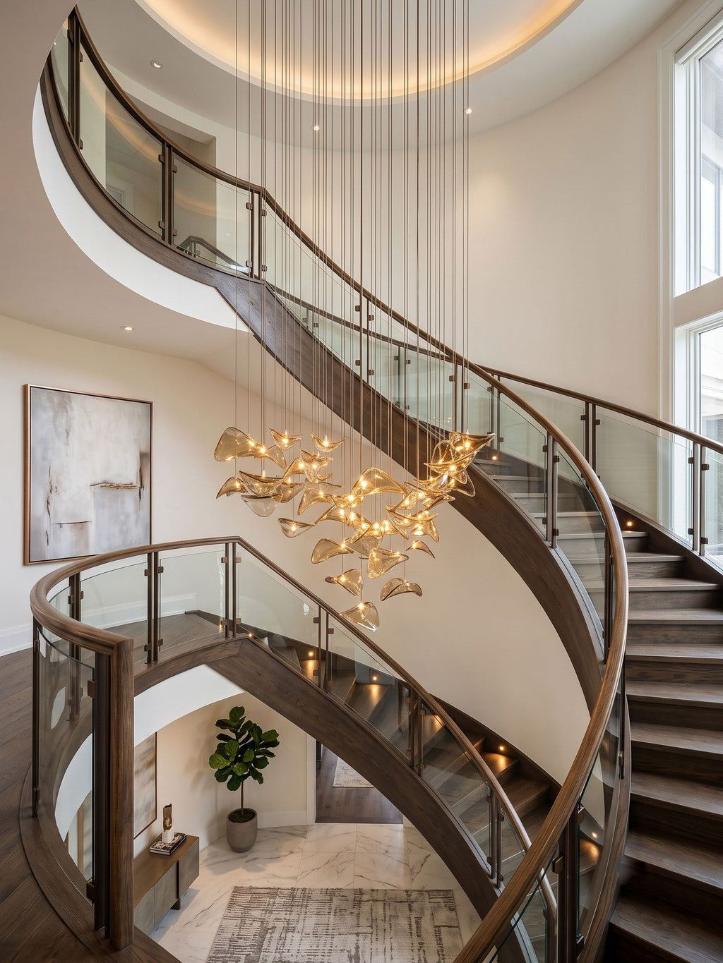Tall stairwell with a curving timber stair and glass rail, where a Clérachic pendant of lit amber glass leaves hangs mid-height.