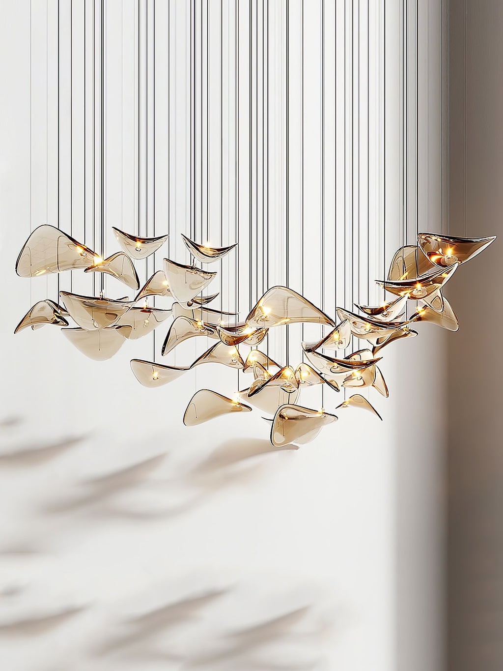 Amber glass leaves in a lit cluster, hung on slim cables against a pale wall with soft light and shadow, from Clérachic.